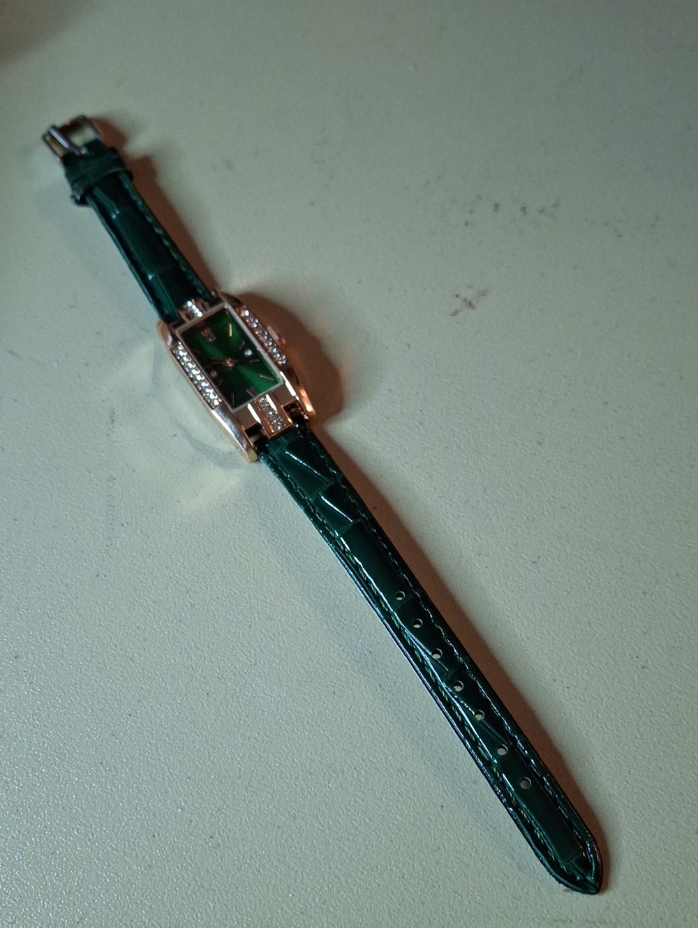 Elegant Green Leather Strap Crystal Accent Women's Watch
